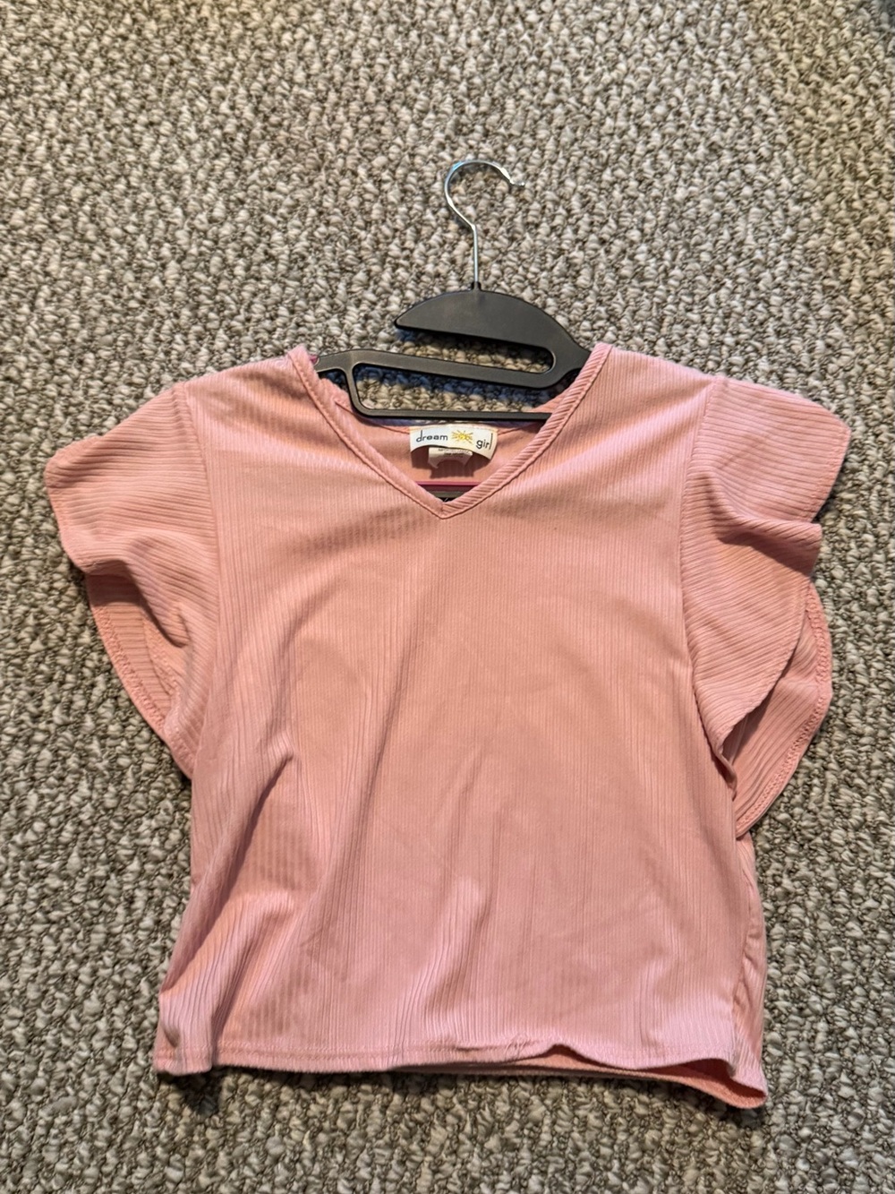 Dream Girl Pink Ribbed V-Neck Flutter Sleeve Top xs slightly cropped, tiny snag